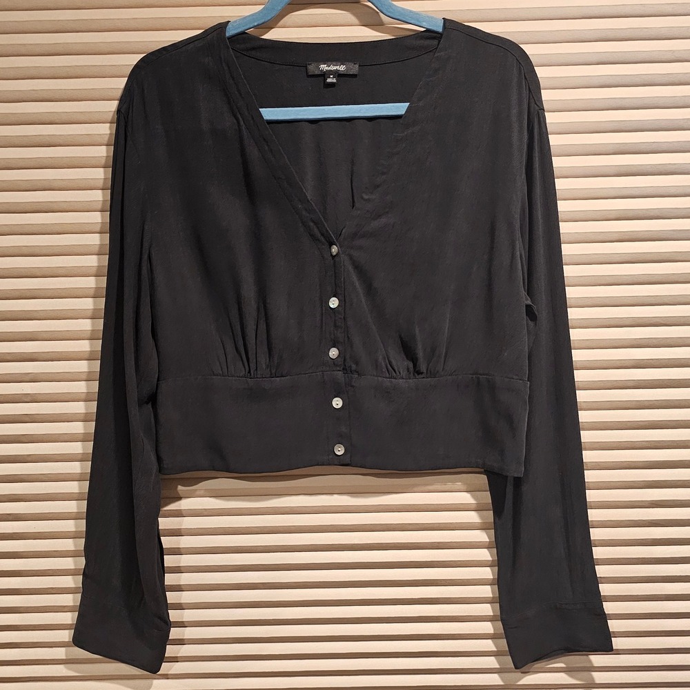 Madewell Black V-Neck Button-up Cropped Top Long Sleeve Lyocell/Viscose FA23 M